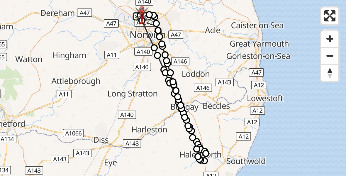 Flight route Air Ambulance Helicopter Norwich Airport - Norwich Airport, 05 August 2026, 20:26