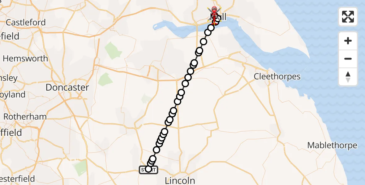 Flight route Air Ambulance Helicopter Fenton - Hull Royal Infirmary, 05 August 2026, 20:26