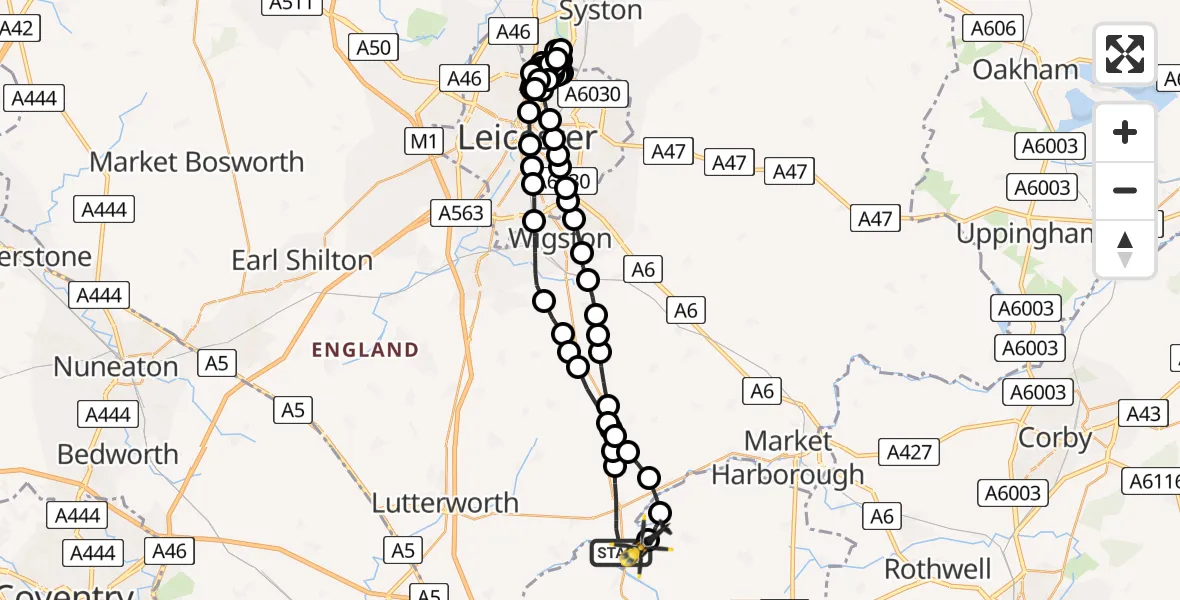 Flight route Police Helicopter Husbands Bosworth - Harborough, 05 August 2026, 20:33
