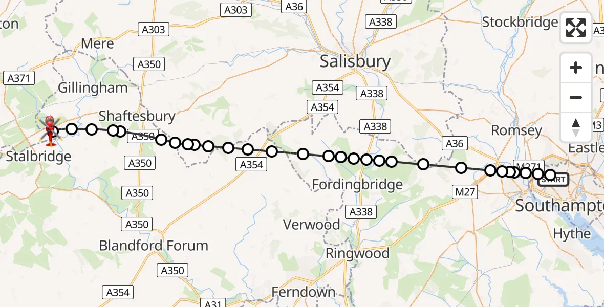 Flight route Air Ambulance Helicopter University Hospital Southampton - Henstridge Airfield, 05 August 2026, 20:40