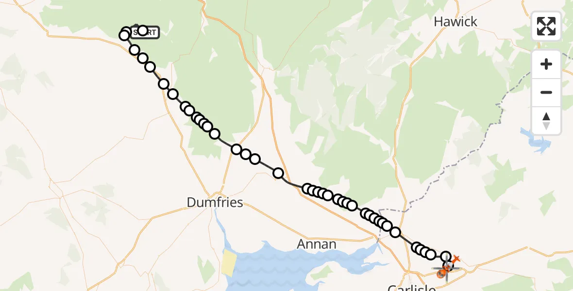 Flight route Coastguard Helicopter Dumfries and Galloway - Carlisle Lake District Airport, 05 August 2026, 20:47