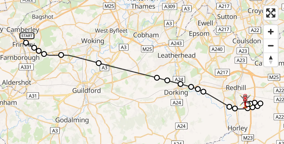 Flight route Air Ambulance Helicopter Camberley - Redhill Aerodrome, 05 August 2026, 20:52
