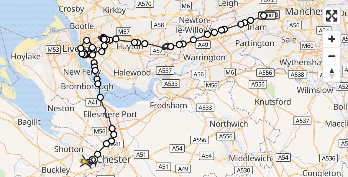 Flight route Police Helicopter Manchester Barton Aerodrome - Hawarden Airport, 05 August 2026, 21:11