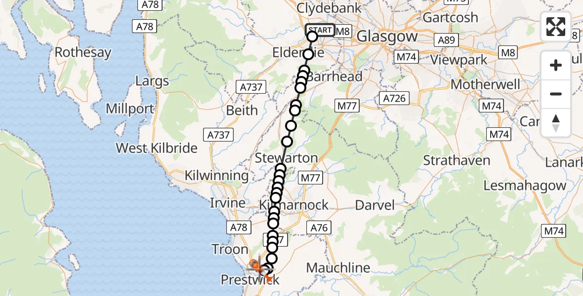 Flight route Coastguard Helicopter Glasgow Airport - Glasgow Prestwick Airport, 05 August 2026, 21:11