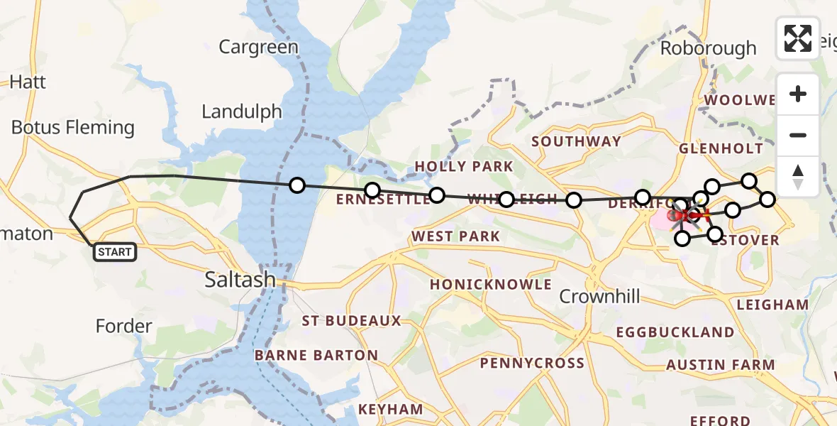 Flight route Air Ambulance Helicopter Saltash - Derriford Hospital, 05 August 2026, 21:12