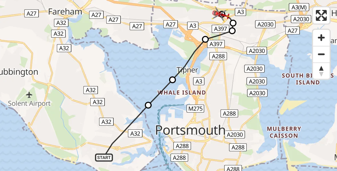 Flight route Air Ambulance Helicopter Gosport - Queen Alexandra Hospital, 05 August 2026, 21:13