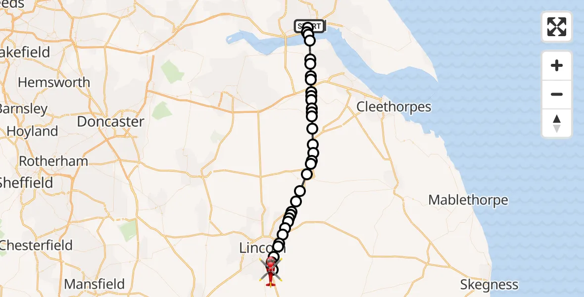 Flight route Air Ambulance Helicopter Hull Royal Infirmary - North Kesteven, 05 August 2026, 21:21