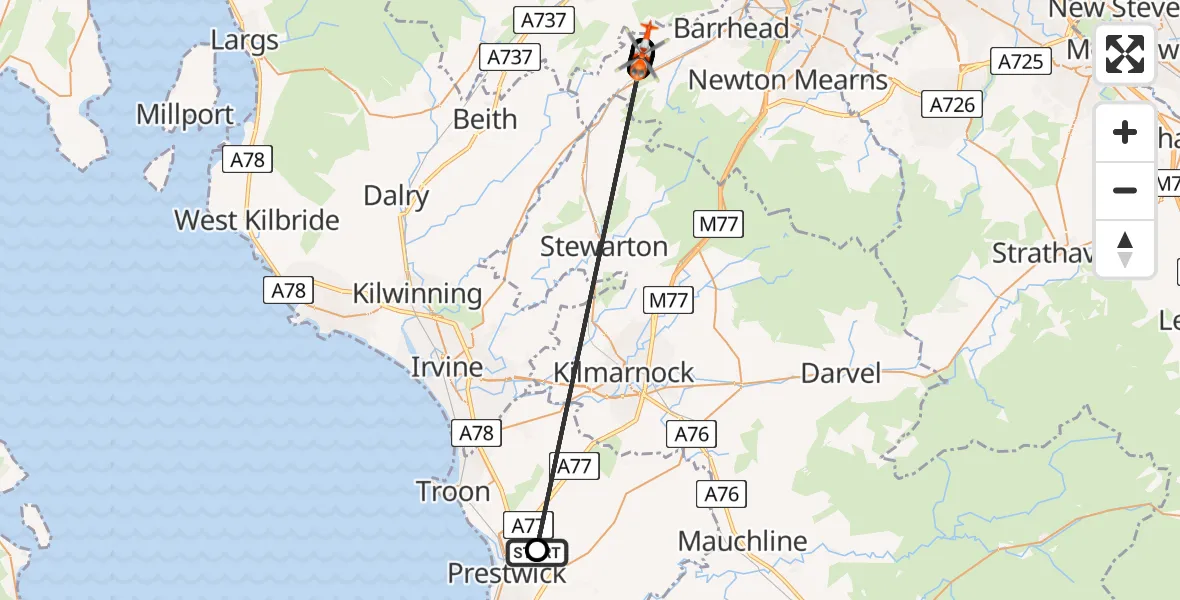 Flight route Coastguard Helicopter Glasgow Prestwick Airport - East Renfrewshire, 05 August 2026, 21:36