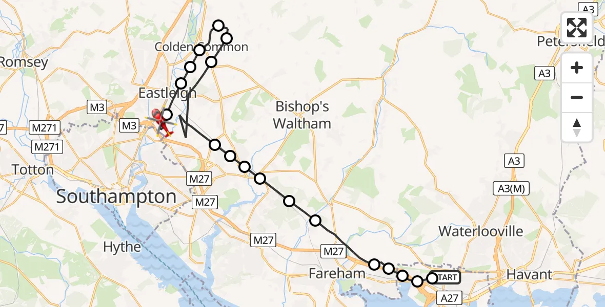 Flight route Air Ambulance Helicopter Queen Alexandra Hospital - Southampton Airport, 05 August 2026, 21:49