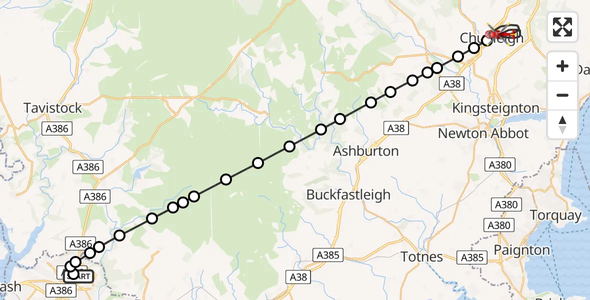 Flight route Air Ambulance Helicopter Derriford Hospital - Chudleigh, 05 August 2026, 21:57