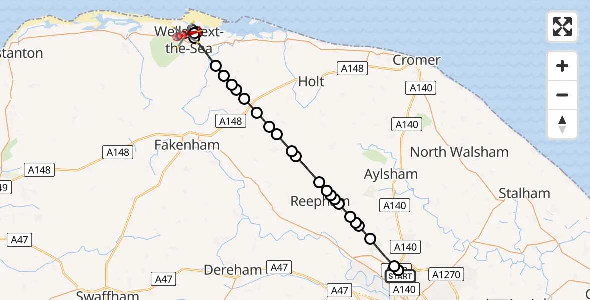 Flight route Air Ambulance Helicopter Norwich Airport - Wells-Next-the-Sea, 05 August 2026, 21:57