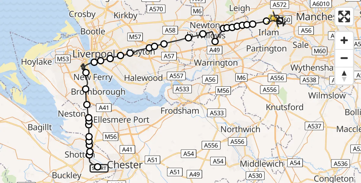 Flight route Police Helicopter Hawarden Airport - Manchester Barton Aerodrome, 05 August 2026, 22:22