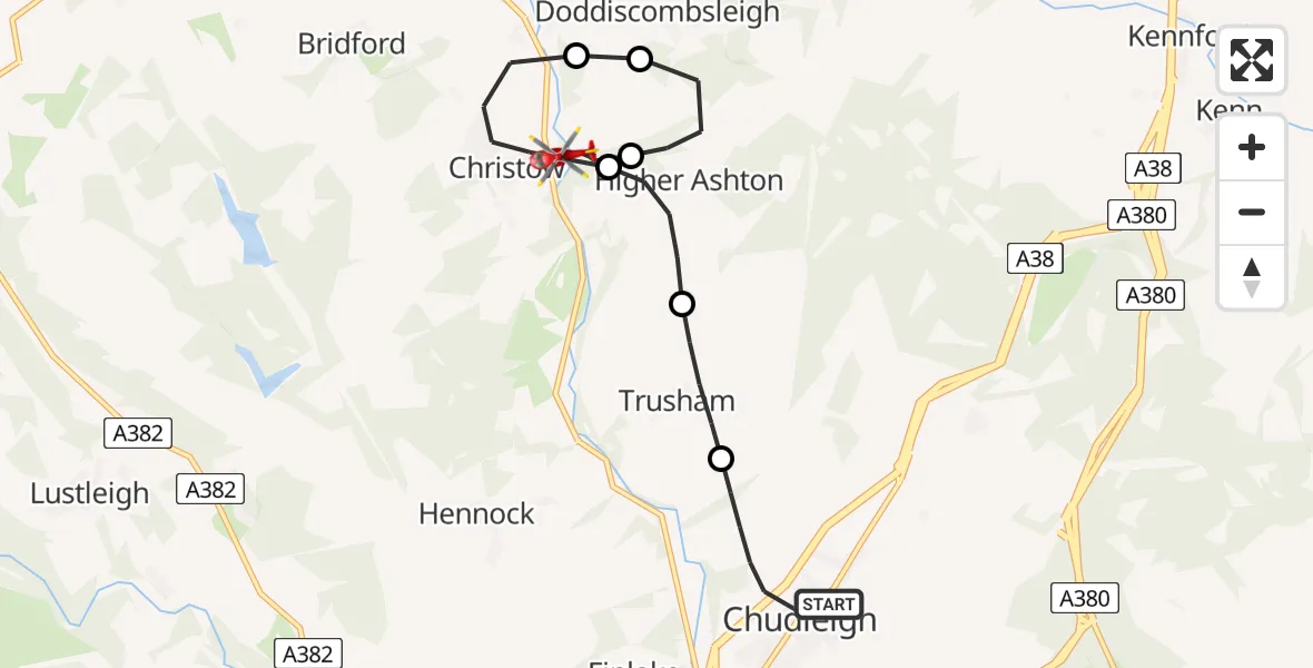 Flight route Air Ambulance Helicopter Chudleigh - Christow, 05 August 2026, 22:23