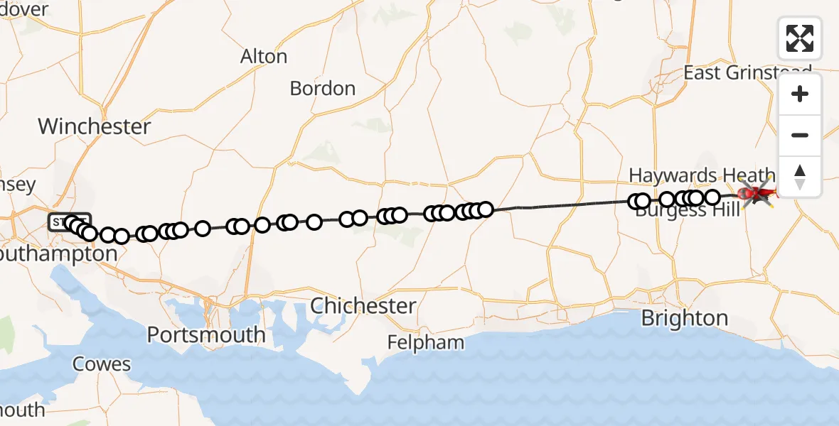 Flight route Air Ambulance Helicopter Southampton Airport - Lewes, 05 August 2026, 22:25