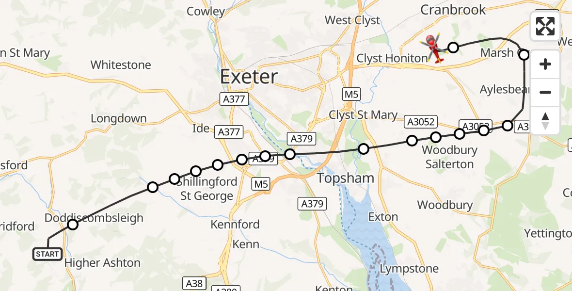 Flight route Air Ambulance Helicopter Christow - Exeter International Airport, 05 August 2026, 22:39