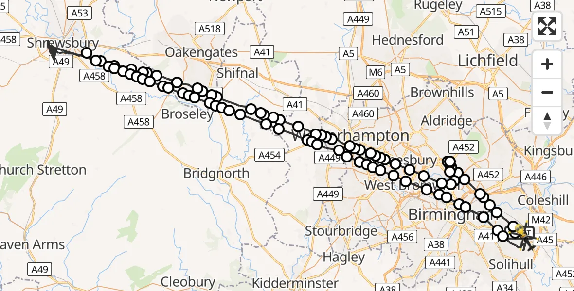 Flight route Police Helicopter Birmingham Airport - Solihull, 05 August 2026, 22:59