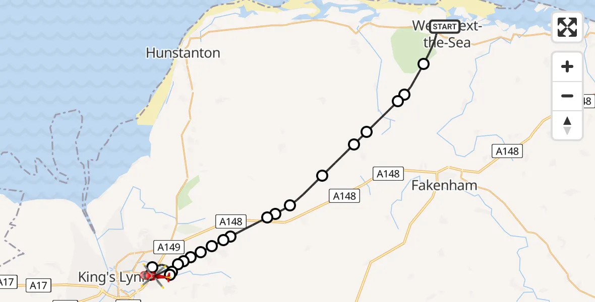 Flight route Air Ambulance Helicopter Wells-Next-the-Sea - King's Lynn and West Norfolk, 05 August 2026, 23:04