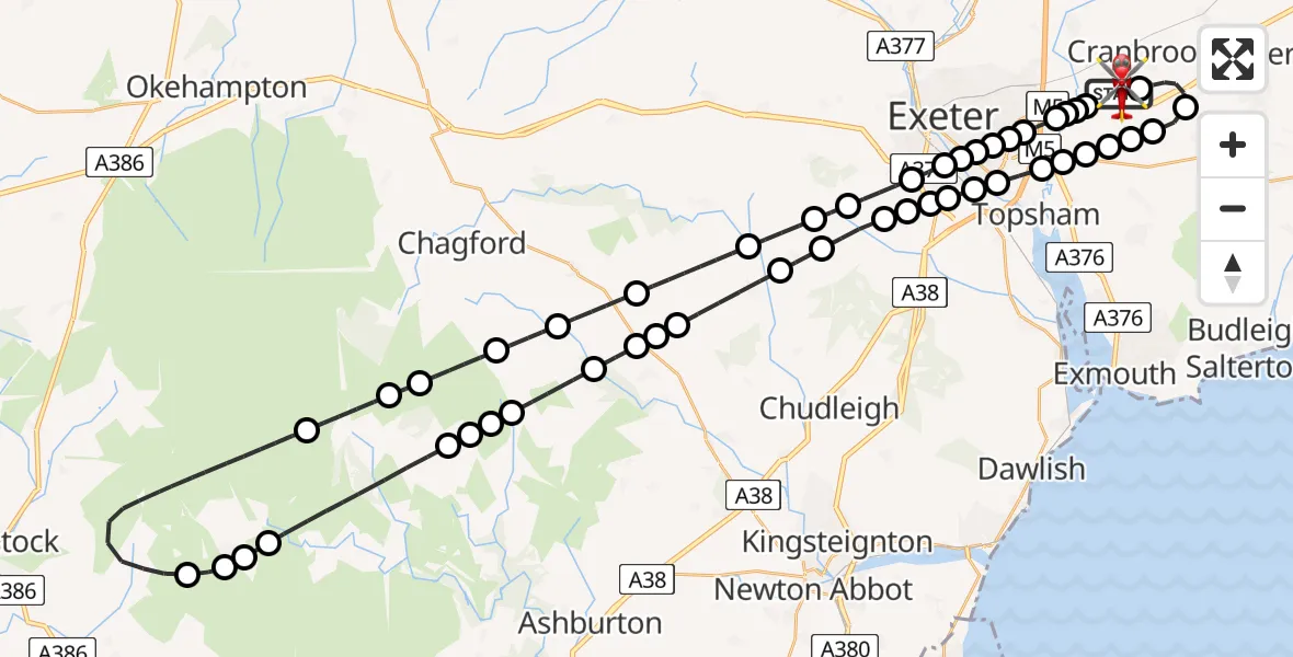 Flight route Air Ambulance Helicopter Exeter International Airport - Exeter International Airport, 05 August 2026, 23:18