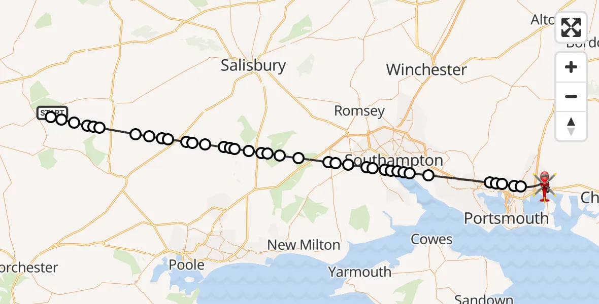 Flight route Air Ambulance Helicopter Henstridge Airfield - Havant, 05 August 2026, 23:28