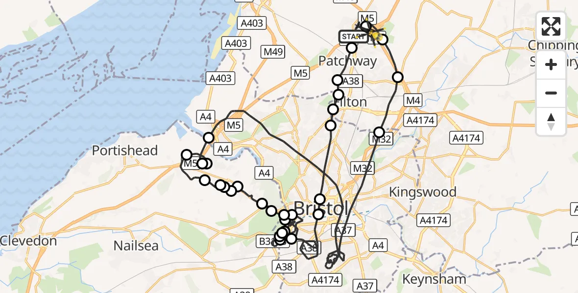 Flight route Police Helicopter Almondsbury - Almondsbury Helicopter Base, 05 August 2026, 23:29