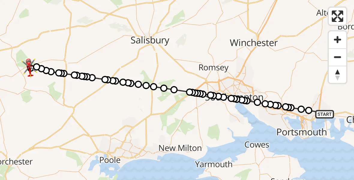 Flight route Air Ambulance Helicopter Havant - Henstridge Airfield, 06 August 2026, 00:25