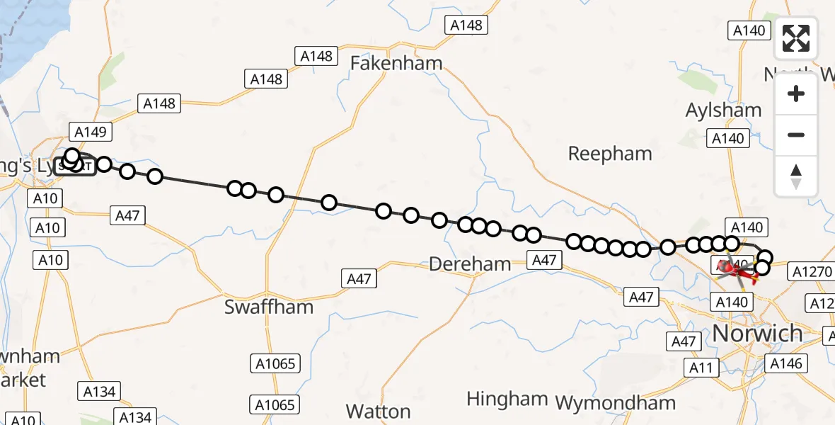 Flight route Air Ambulance Helicopter Queen Elizabeth Hospital - Norwich Airport, 06 August 2026, 01:04