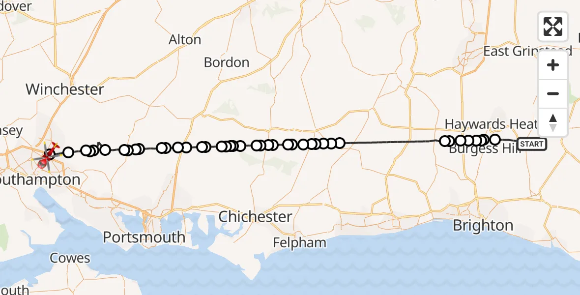 Flight route Air Ambulance Helicopter Lewes - Southampton Airport, 06 August 2026, 01:23
