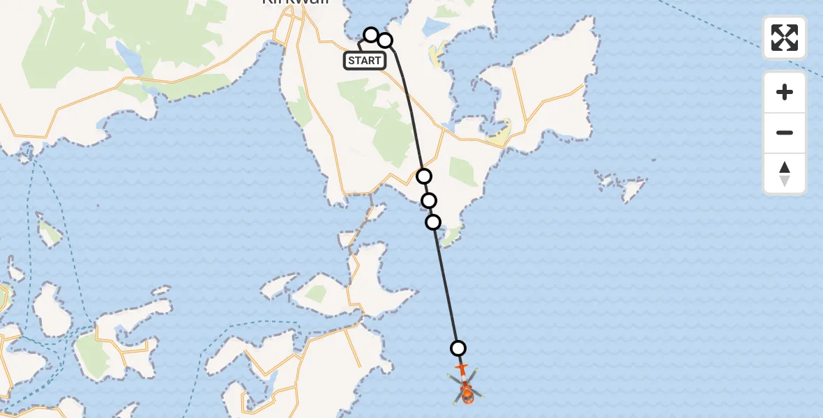 Flight route Coastguard Helicopter Kirkwall Airport - North Sea, 06 August 2026, 02:24