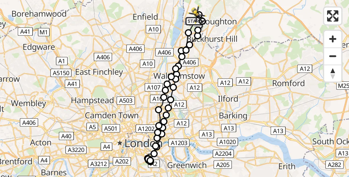 Flight route Police Helicopter Sewardstonebury - Sewardstonebury, 06 August 2026, 03:44