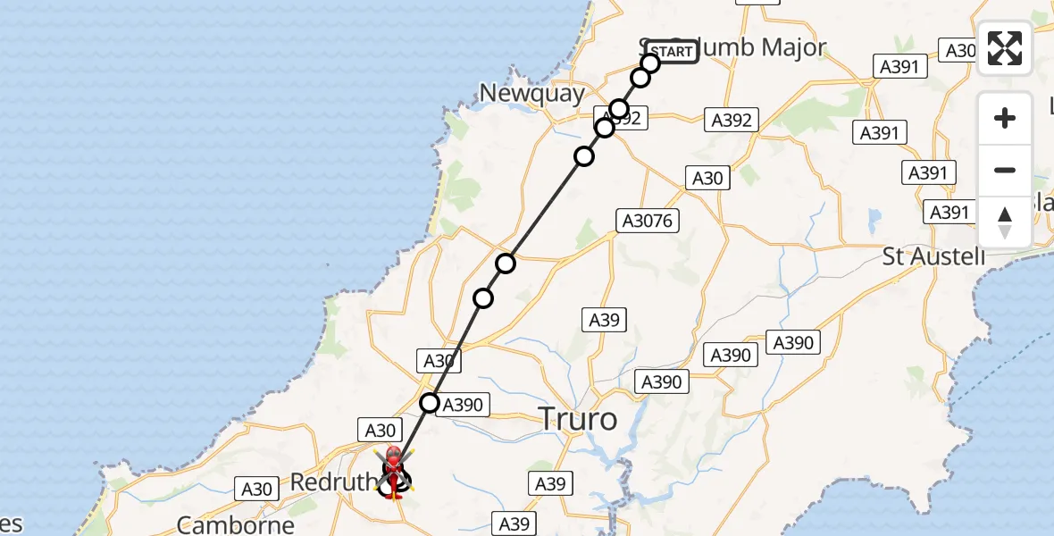 Flight route Air Ambulance Helicopter Cornwall Airport Newquay - Scorrier, 06 August 2026, 06:41