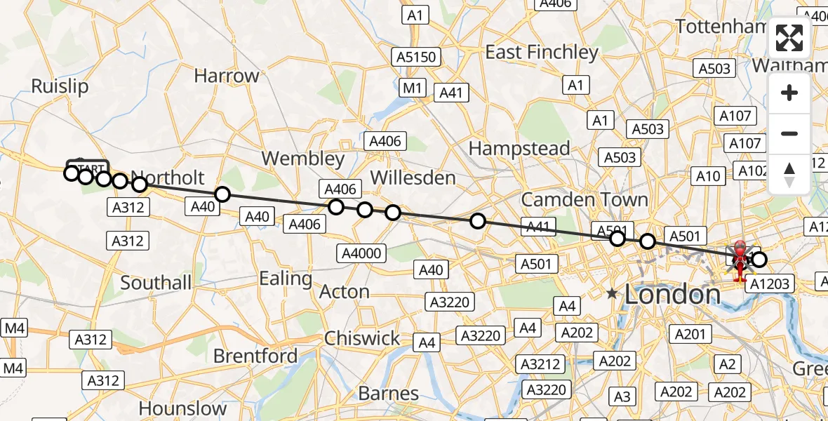 Flight route Air Ambulance Helicopter RAF Northolt - Royal London Hospital, 06 August 2026, 06:57