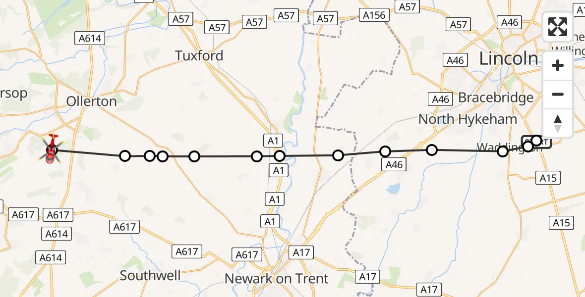 Flight route Air Ambulance Helicopter RAF Waddington - Newark and Sherwood, 06 August 2026, 07:31