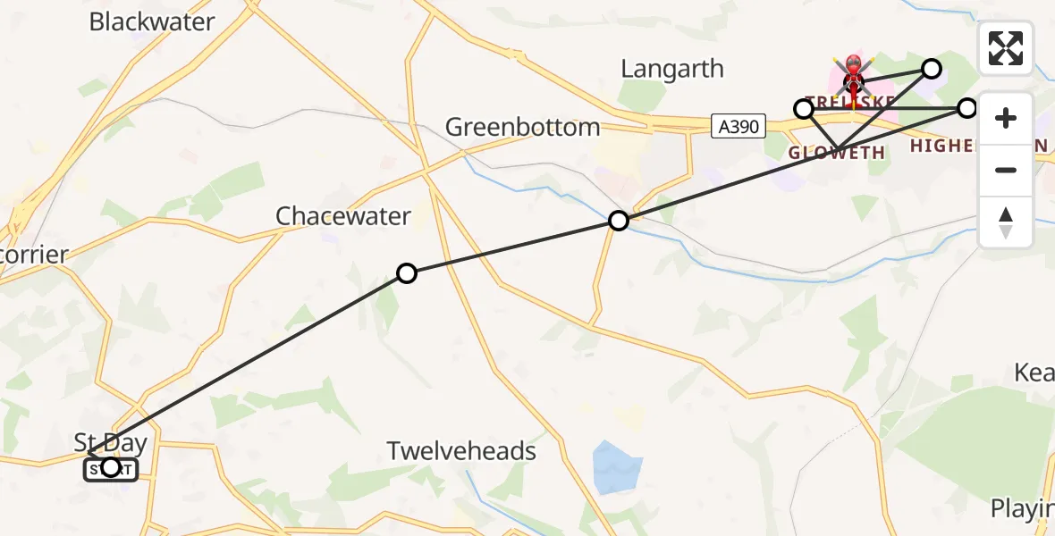 Flight route Air Ambulance Helicopter St. Day - Treliske Hospital, 06 August 2026, 07:36