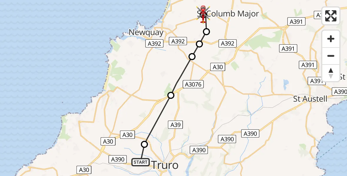 Flight route Air Ambulance Helicopter Treliske Hospital - Cornwall Airport Newquay, 06 August 2026, 08:05