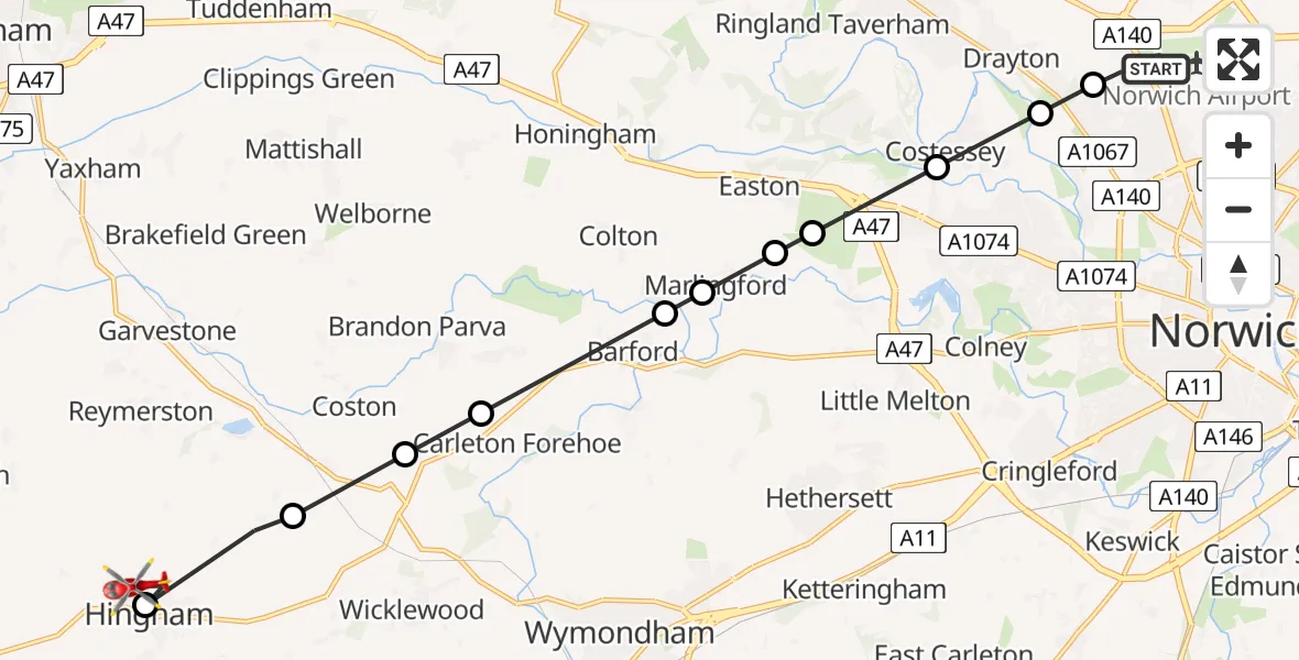Flight route Air Ambulance Helicopter Norwich Airport - Hingham, 06 August 2026, 08:30