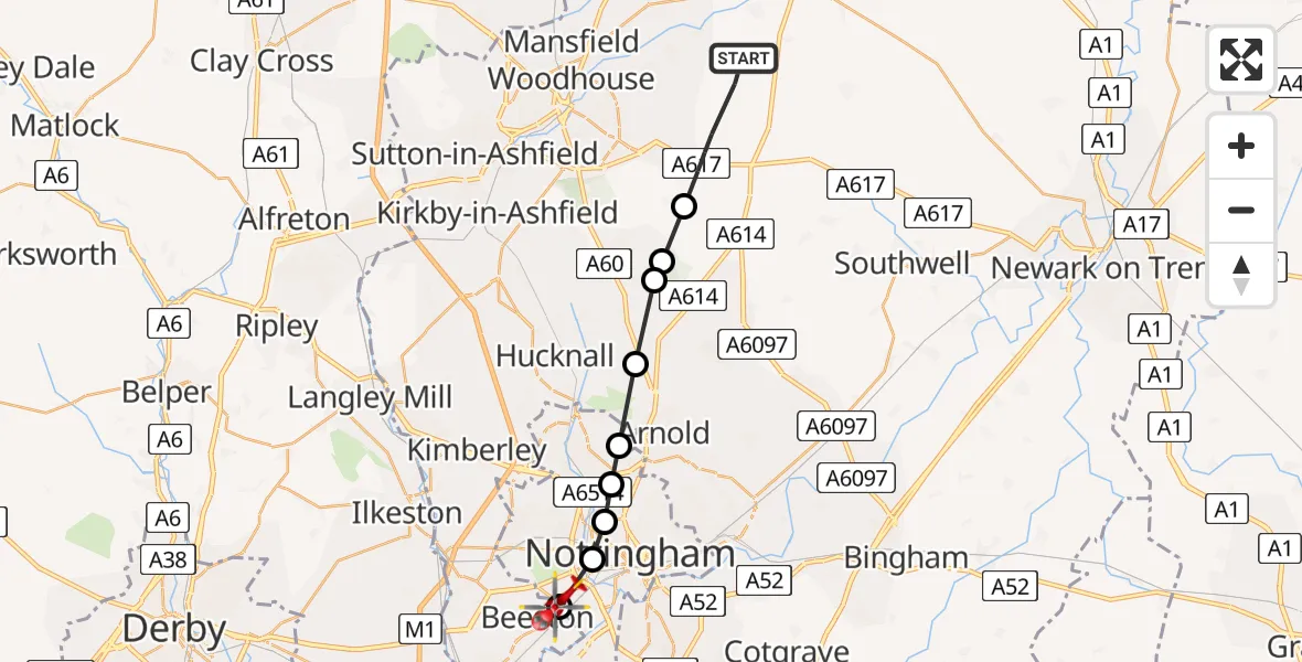 Flight route Air Ambulance Helicopter Newark and Sherwood - Beeston, 06 August 2026, 08:42