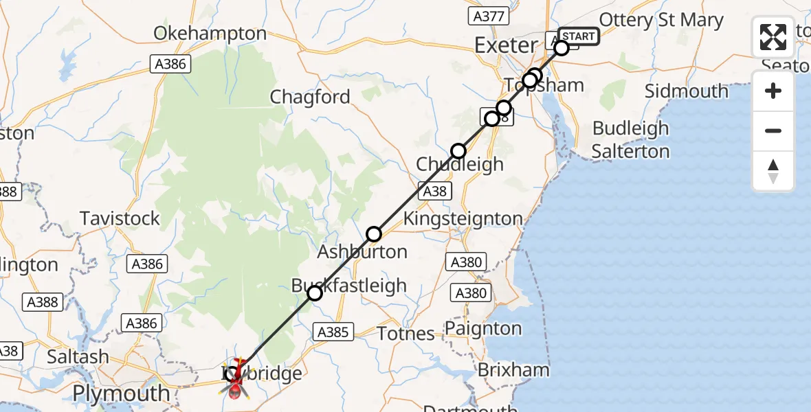 Flight route Air Ambulance Helicopter Exeter International Airport - Ermington, 06 August 2026, 09:05