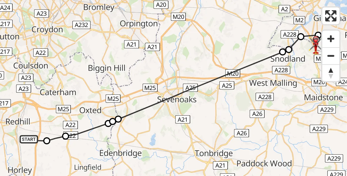 Flight route Air Ambulance Helicopter Redhill Aerodrome - Rochester Airport, 06 August 2026, 09:33