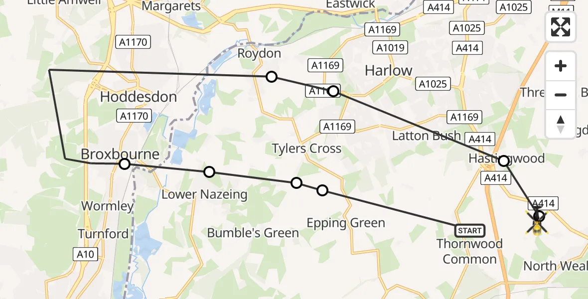 Flight route Police Helicopter North Weald Bassett - North Weald Airfield, 06 August 2026, 09:49