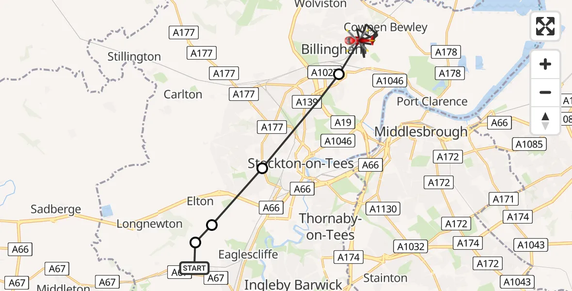Flight route Air Ambulance Helicopter Egglescliffe - Billingham, 06 August 2026, 09:49