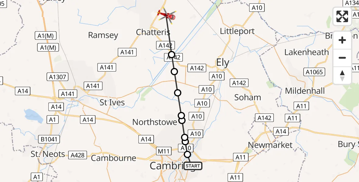 Flight route Air Ambulance Helicopter Cambridge City Airport - Chatteris Airfield, 06 August 2026, 09:54