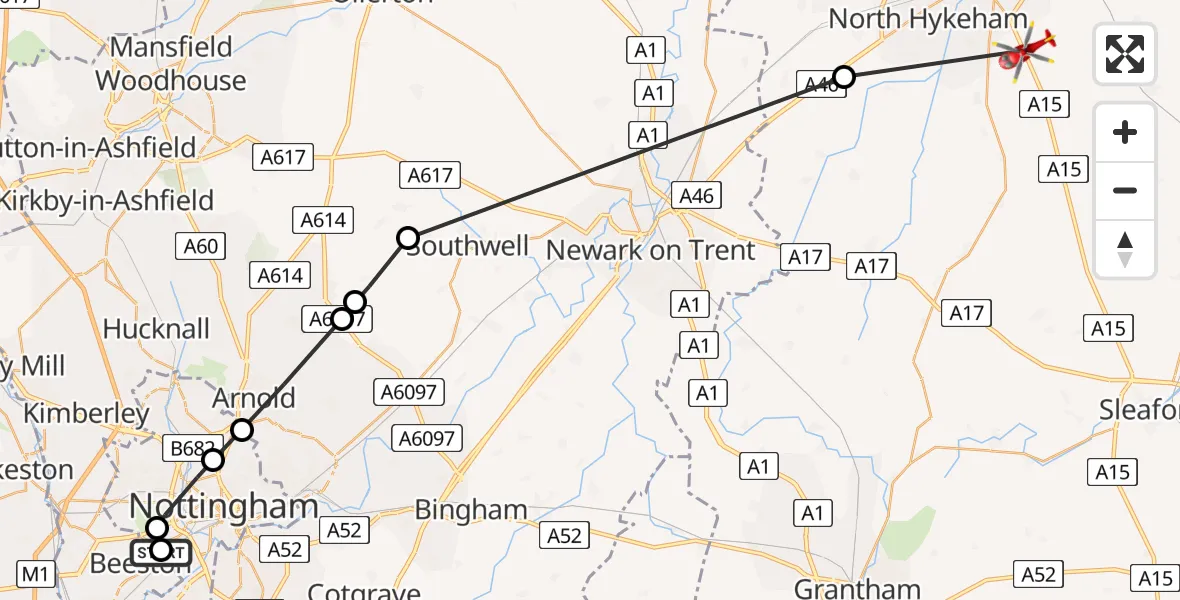 Flight route Air Ambulance Helicopter City of Nottingham - North Kesteven, 06 August 2026, 09:58