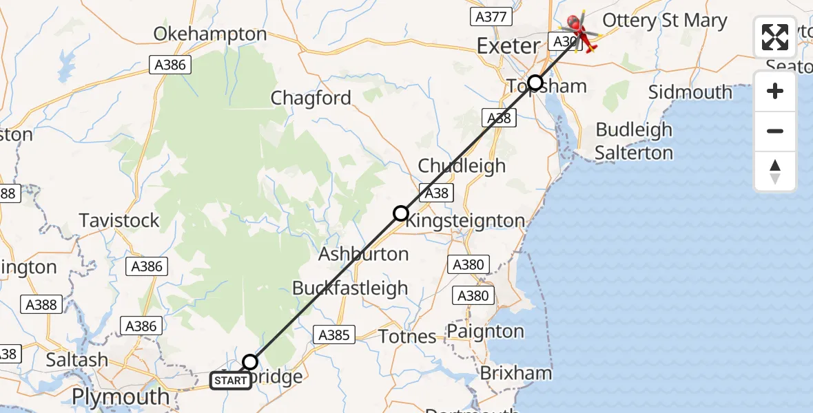 Flight route Air Ambulance Helicopter Ermington - Exeter International Airport, 06 August 2026, 10:01