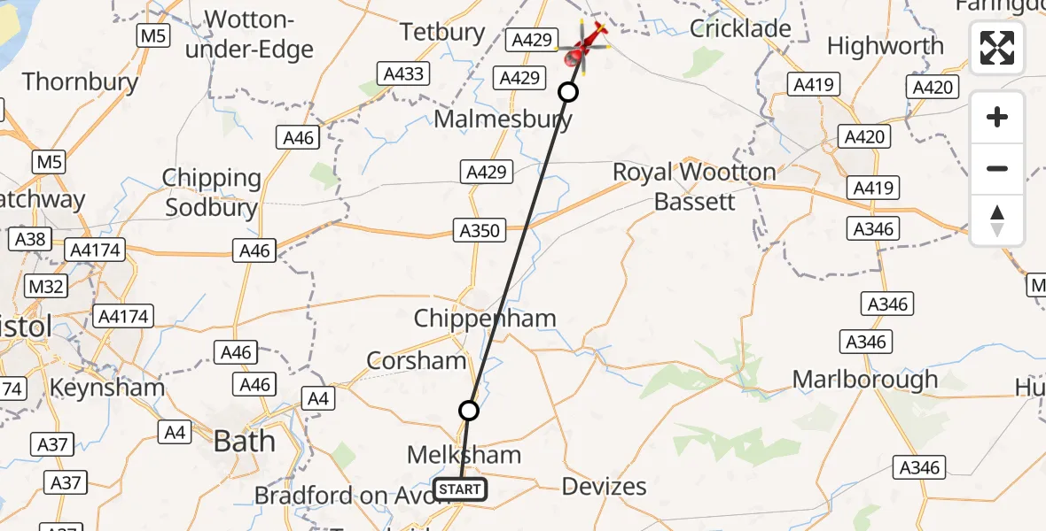 Flight route Air Ambulance Helicopter Wiltshire Air Ambulance - Oaksey Park Airfield, 06 August 2026, 10:05