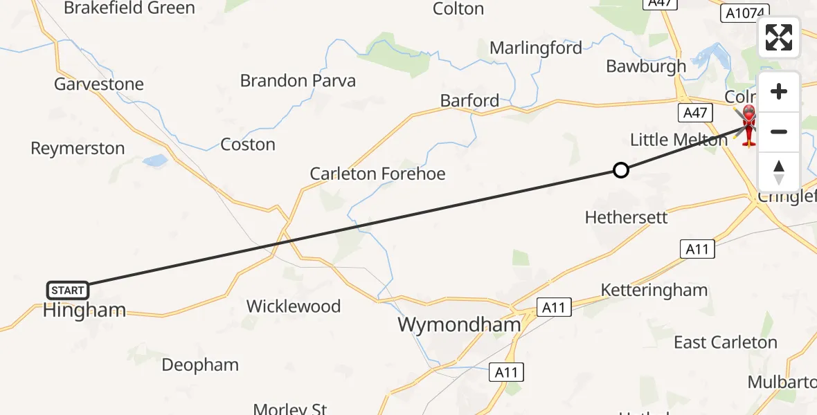 Flight route Air Ambulance Helicopter Hingham - Norfolk & Norwich Hospital, 06 August 2026, 10:09