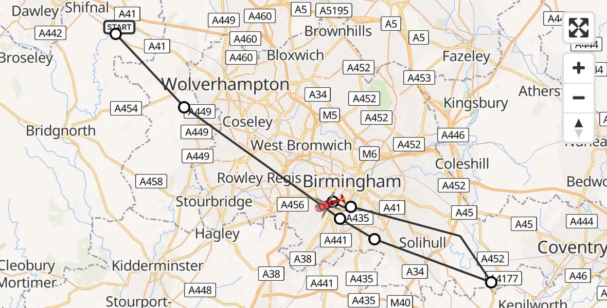 Flight route Air Ambulance Helicopter RAF Cosford - Metchley, 06 August 2026, 10:17