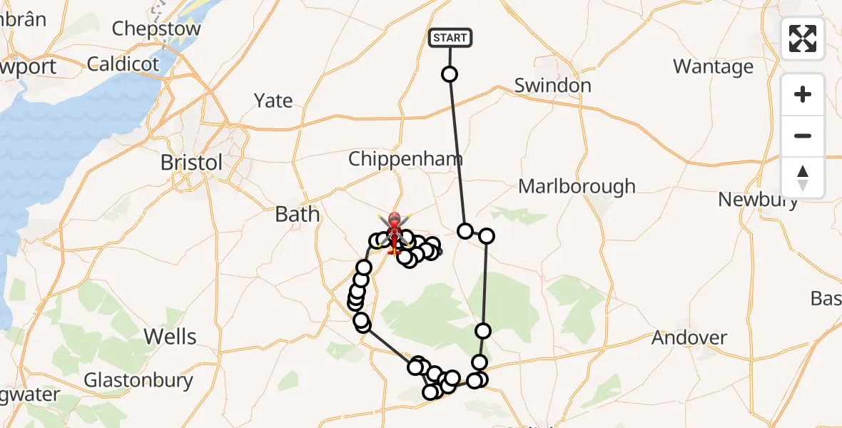 Flight route Air Ambulance Helicopter Oaksey Park Airfield - Wiltshire Air Ambulance, 06 August 2026, 10:21