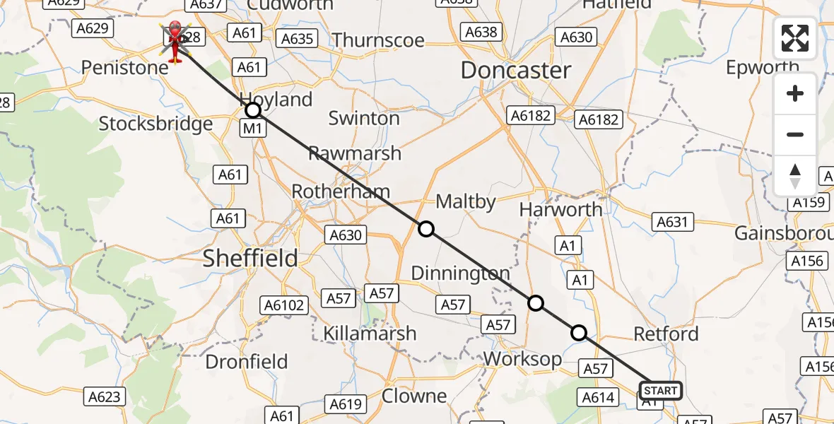Flight route Air Ambulance Helicopter Retford Gamston Airport - Barnsley, 06 August 2026, 10:38