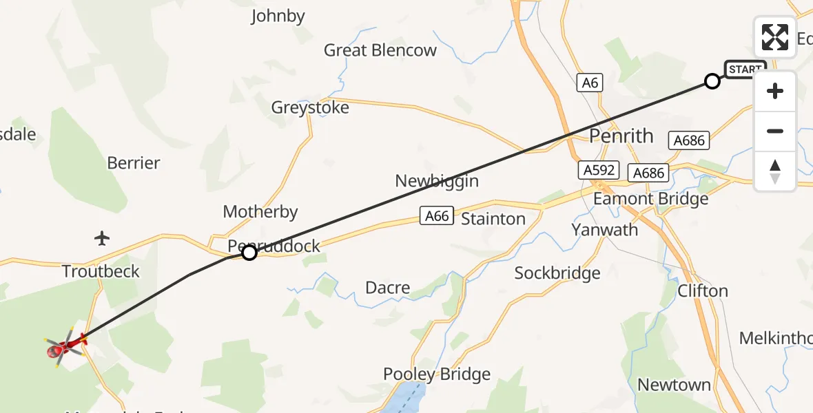 Flight route Air Ambulance Helicopter Langwathby - Troutbeck, 06 August 2026, 10:43