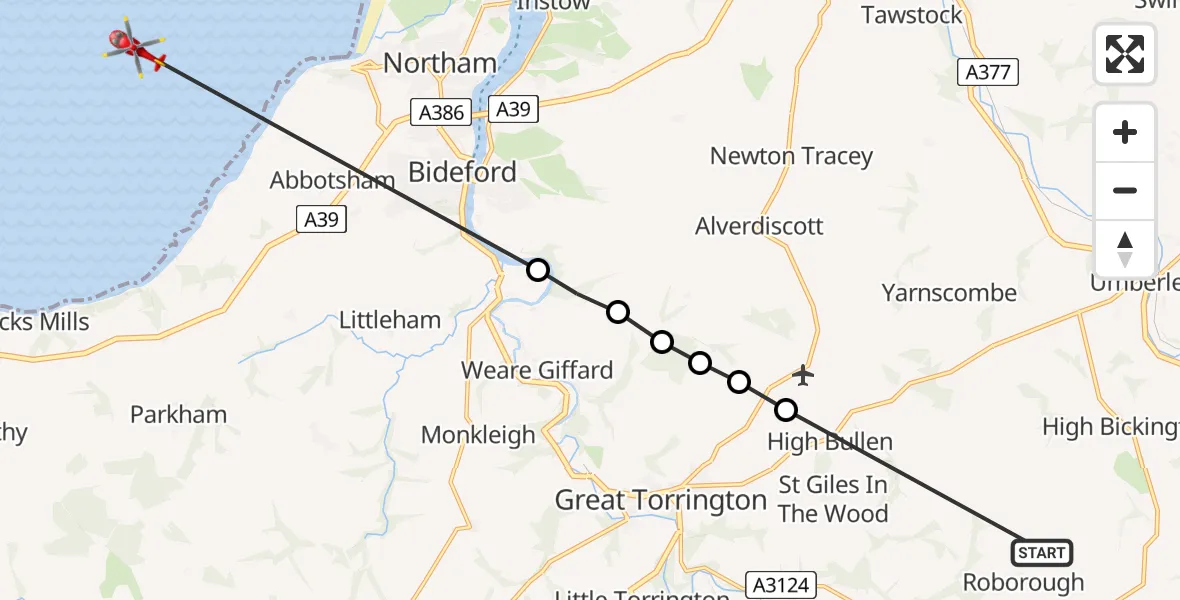 Flight route Air Ambulance Helicopter Roborough - Bristol Channel, 06 August 2026, 10:44